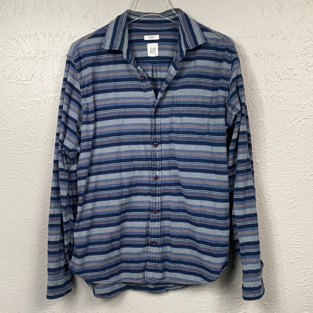 GAP Navy Blue Striped Standard Fit Stretch Long Sleeve Button Up Shirt S…
